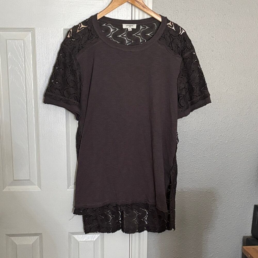 Umgee Charcoal Gray Mixed Fabric High Low T-Shirt Women Medium Oversized Tunic‎